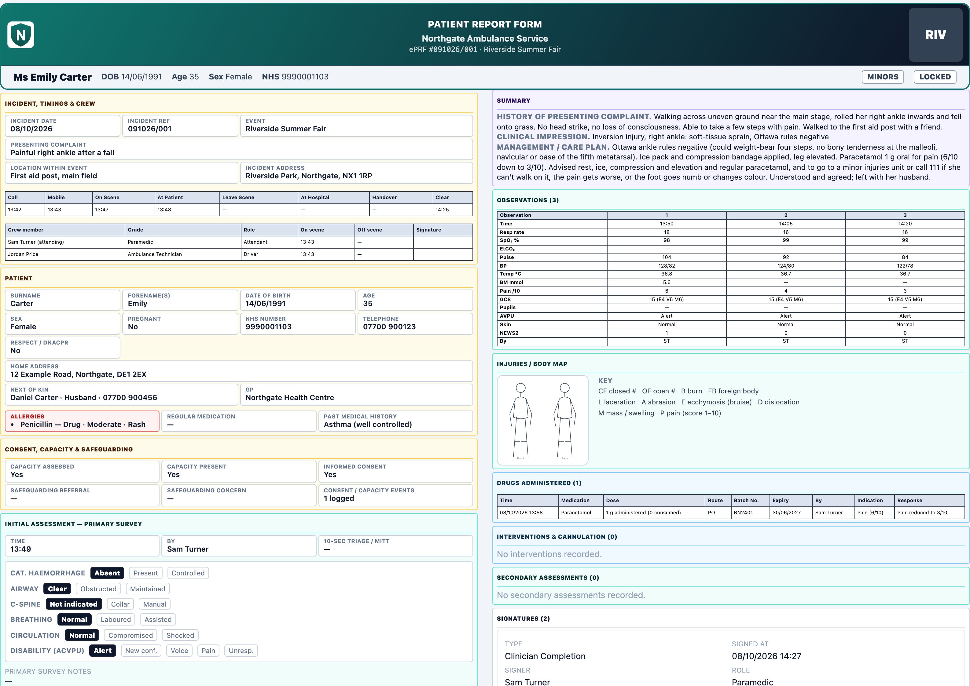 A completed A3 patient report form (example patient)