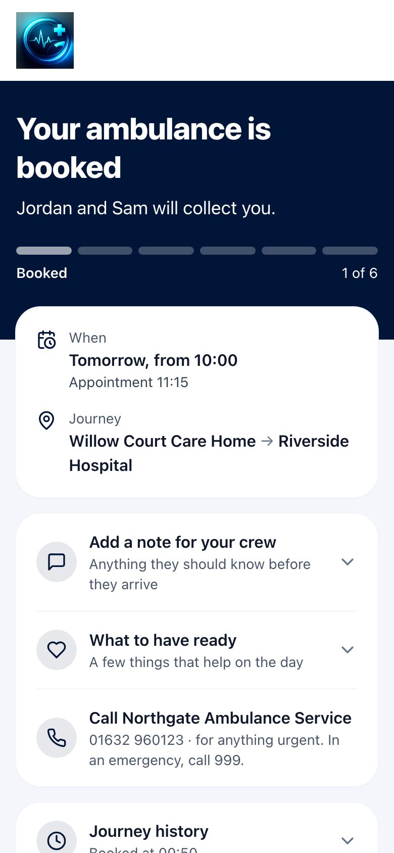 Family journey tracking on myambulance.co.uk